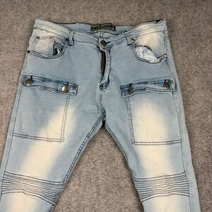 Denim Rivets Biker Jeans Mens 32 Light Wash Moto Ribbed Distressed Denim Skinny